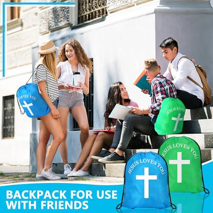Draupnir Jesus Loves You Drawstring Backpack Bulk Church School Easter Religious Gift Bag Bible Bag Polyester Backpack for Christian Religion Gift(30 Pcs,Cross)