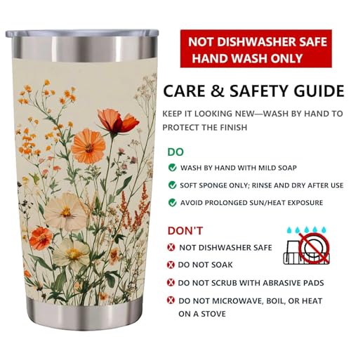 Orange Wildflower Tumbler 20 oz, Insulated Stainless Steel Cup with Lid and Straw, Cream Botanical Meadow Travel Coffee Mug, Gifts for Women Mom, Flower Lovers - color: Vintage Wildflower