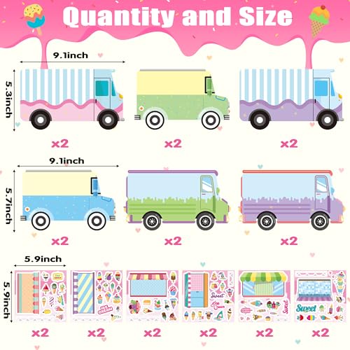 CY2SIDE Ice Cream Stickers Scene - 12set Make Your Own Ice Cream Cart Scene Sticker DIY Dessert Truck Shop Sticker with Mix Match Sweets Decals for Summer Party Classroom Activities - style: Ice Cream