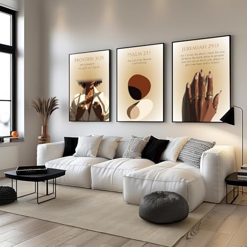 Psalm 23 Canvas Art Black Girl Scripture Wall Art Set of 3 African American Christian Wall Decor Bible Verse Posters for Bedroom Living Room Religious Paintings Unframed 16"L X 12"W