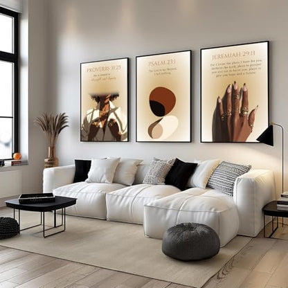 Psalm 23 Canvas Art Black Girl Scripture Wall Art Set of 3 African American Christian Wall Decor Bible Verse Posters for Bedroom Living Room Religious Paintings Unframed 16"L X 12"W