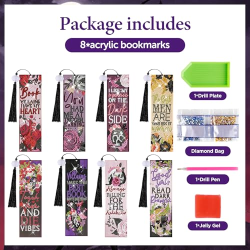 8 Pieces Dark Romance Diamond Art Bookmarks 5d Beaded Bookmark Acrylic Tassel Bookmark for DIY Making Beginners Adults Arts Craft Supplies (Dark Romance) - color: Dark Romance