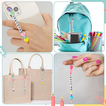 WATINC DIY Christian Bead Keychain Kits - Jesus Love Me Cross Beads Cute Key Chain Bag Charm Bracelet Making Craft Kits, Jewelry Accessories Winter Festival Party Gift Favor for Women Men (877Pcs)