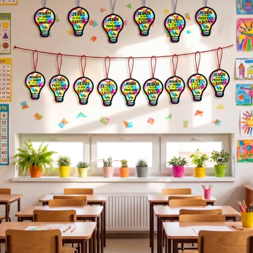 48PCS Sunday School VBS Crafts Bulk: Paper Lightbulb Cross Nativity Suncatchers, Religious Christian Activity DIY Kits Church Decorations, Window Stained Glass Effect Art Supplies(Jesus Style) - style: colorful bulb cross