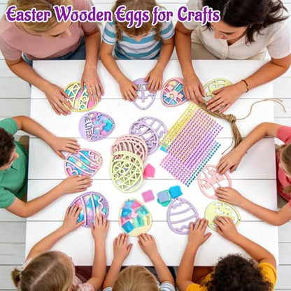 24 Sets Easter Eggs Suncatchers Craft, DIY Religious Easter Wooden Egg Hanging Decorations Kit for Christian Sunday School Activities Project Spring Classroom Party Favors Supplies