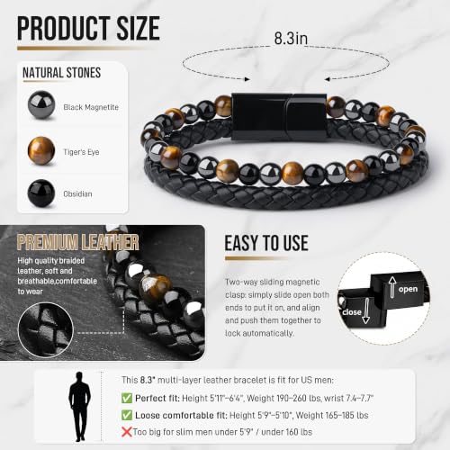 XIANNVXI Mens Tiger's Eye Beads Black Leather Bracelet Gift - color: Yellow, Gray, Black