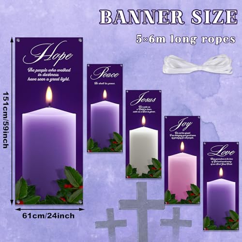 5Pcs 2x5 Ft Religious Church Banner with Scripture Christian Candles Banners for Sanctuary Wall Hope Peace Joy Love Jesus Prayer Flag Welcome Religious Praise Hanging Signs Decor for Holiday Church - size: 2x5Ft