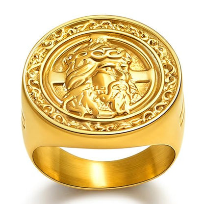 Christian Cross Rings for Men - Stainless Steel Jesus Jewelry with Celtic Knot Sides (Gold/Black/Silver) - Catholic Religious Gift, Size 7-13 - color: G: Gold-Jesus