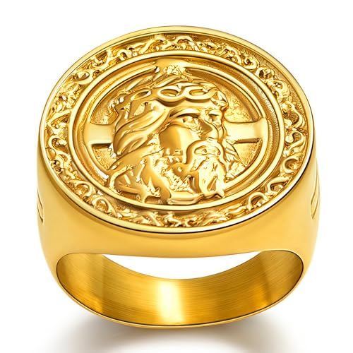 Christian Cross Rings for Men - Stainless Steel Jesus Jewelry with Celtic Knot Sides (Gold/Black/Silver) - Catholic Religious Gift, Size 7-13 - color: G: Gold-Jesus