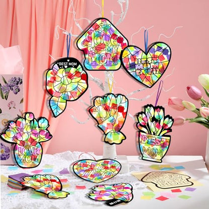 Eersida 32 Pcs Best Mom Suncatcher Craft Kit Stained Glass DIY - style: Best Mom