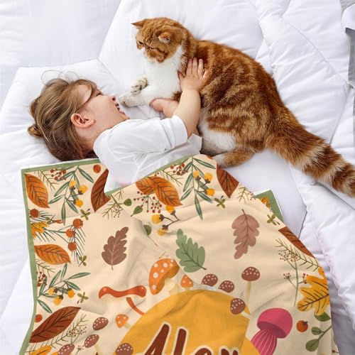 Custom Fall Blanket Autumn with Name Soft Cozy Harvest Blanket for Boys Girls Kids Adults Personalized Text Leaves Mushroom Yellow Halloween Christmas Birthday Gifts - color: Autumu-04
