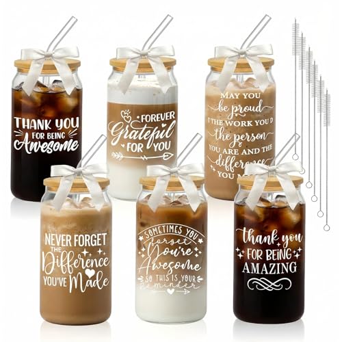 Glass Cups with Lids and Straws, 6Pack, 16oz, Employee Nurse - style: Thank You
