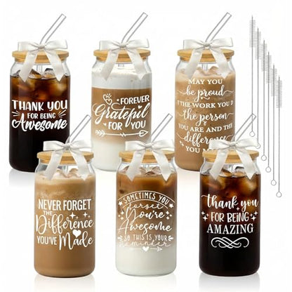 Glass Cups with Lids and Straws, 6Pack, 16oz, Employee Nurse - style: Thank You
