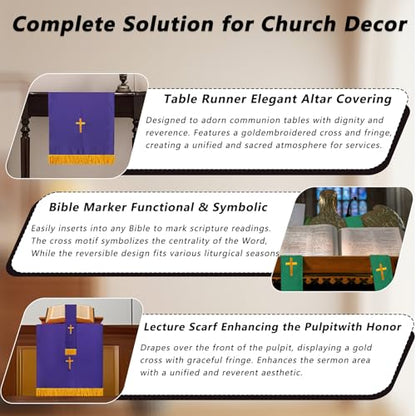 3-Piece Church Parament Set, Reversible Pulpit & Communion Linens - color: Purple and Green