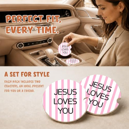 Pink Christian Faith Car Coasters, Jesus Loves You Preppy Cup Holders, 26 - color: Pink Christian Faith