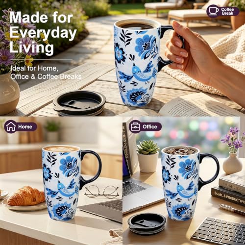Topadorn 17oz Ceramic Travel Mug with Lid, Blue Bird Floral Mug with Handle - color: Flower&Bird