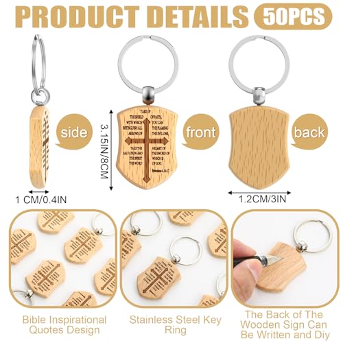 Nosiny 30/50 Pcs Christian Wooden Keychains for Men Bible Verse Shield Keychain Religious Faith Gifts Bulk for Dad Pastor