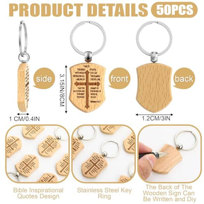 Nosiny 30/50 Pcs Christian Wooden Keychains for Men Bible Verse Shield Keychain Religious Faith Gifts Bulk for Dad Pastor