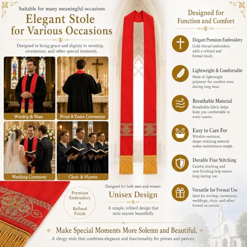 FAD-4U Catholic Clergy Stole with Embroidery Stole Priest Mass Stole Pastor Stole - color: Red