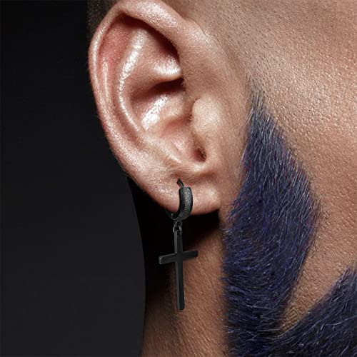 Men Women Stainless Steel Cross Earrings Set Dangle Hinged Earrings of Dangle Hinged Earrings Cross hoop Earrings - color: 3 Pairs Cross Earrings (Black+Silver+Gold) Scrub Large