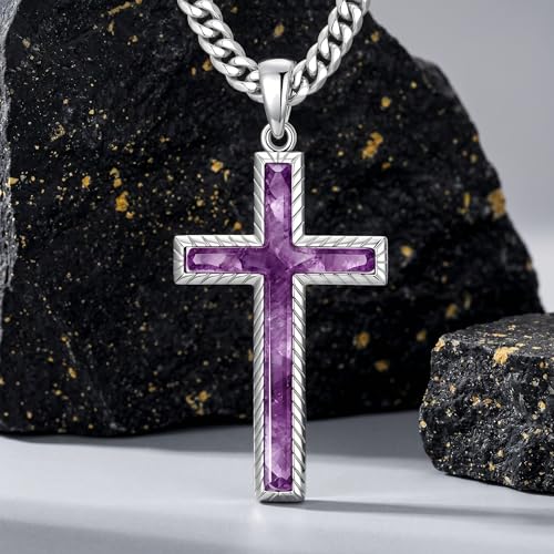 MRENITE Silver Natural Stone Cross Necklace, Classic Latin Cross Pendant Necklace for Unisex Women Man, Vintage Crystal Quartz Cross Necklace with 20+2 Inches Adjustable Cuban Chain - style: Amethyst