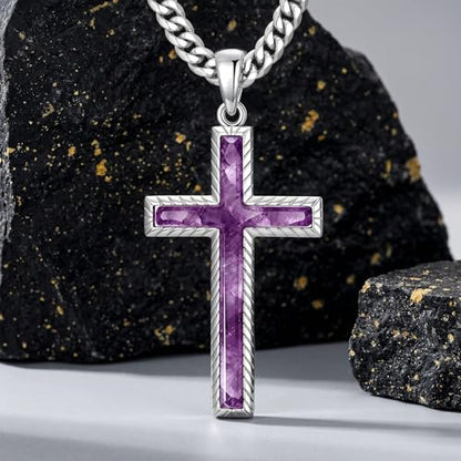 MRENITE Silver Natural Stone Cross Necklace, Classic Latin Cross Pendant Necklace for Unisex Women Man, Vintage Crystal Quartz Cross Necklace with 20+2 Inches Adjustable Cuban Chain - style: Amethyst