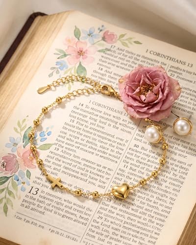 Gold-Tone Cross Link Bracelet with Sports & Heart Charms - Basketball Football Bracelet for Women, Faith-Inspired Christian Gifts for Women (Adjustable Chain) - color: Golden Heart