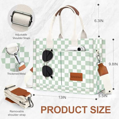 LHMTQVK Canvas Tote Bag for Women, Work & Bible Study Handbag - color: Green Grid