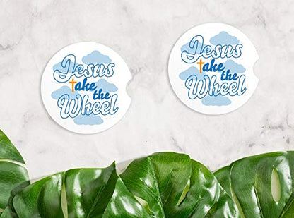 Jesus Take The Wheel Christian Car Coaster for Cup Holders 2.56" Ceramic Stone Drink Coaster, Set of 2 Pack