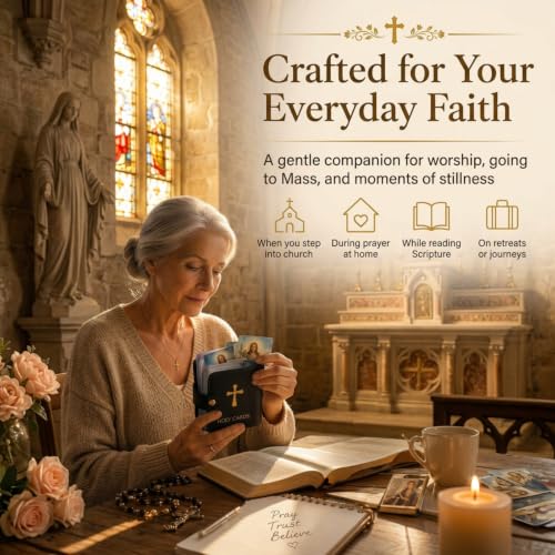 Catholic Faux Leather Holy Prayer Card Holder–pocket Organizer with 54 Cards Snap Closure for Mass Funeral Daily & Religious and Memorial Use Gifts Carrying Each Case Bag Closet Essentials