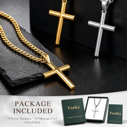 TenKa Cross Necklace for Men, 316L Stainless Steel Mens Cross Necklaces, Bold Silver & Gold Pendant with Waterproof 5mm Cuban Chain 18-30 Inch - color: Silver, size: 24 Inch