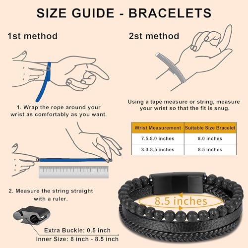 Beaded Leather Bracelets - Gifts for Men, 6mm Tiger Eye Lava Rock Stone Beads Braided Leather Bracelet Handmade Mens Bracelet With Adjustable Magnetic Clasp - color: Black-12