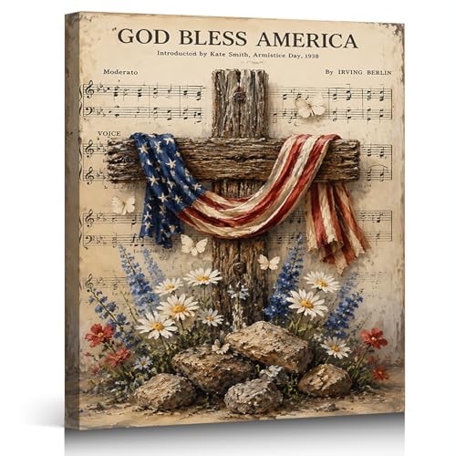 Ship Next Day – Patriotic Canvas Wall Art, God Bless America Cross with Flag, Rustic Country Farmhouse Decor, Wildflowers and Rocks, Americana Framed Prints for Bedroom - color: P60, size: 12"L x 8"W