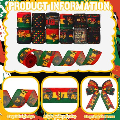 12 Rolls Black History Month Ribbons 2 Inch x 60 Yards Wired Edge Fabric Ribbons Craft Assortment Black History Month Themed Pattern Wrapping Crafts for DIY Gift Hair Sewing Wreath 12 Styles - style: Black Month
