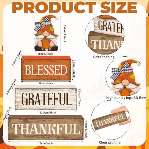 Lineshading 4 Pcs Fall Gnome Block Signs Thanksgiving Tiered Tray Decor - style: Blessed Gnome
