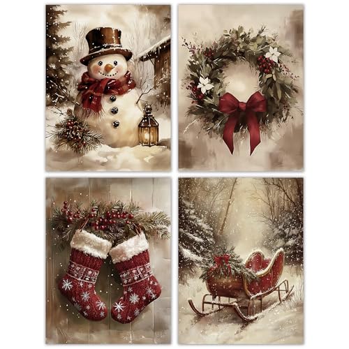 DOFQZ Vintage Christmas Wall Art Prints Set of 4, Rustic Red Christmas Decor, Farmhouse Holiday Winter Red Sleigh Stocking Wreath Snowman Posters for Home Living Room Bedroom Decor, 12x16 Unframed - color: 12Child, size: 12*16