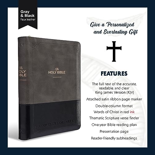 Personalized KJV Deluxe Standard Print King James Version Faux Leather Holy Bible with Thumb Index and Zippered Closure, Custom Name Includes Up to 3 Rows of Text with Red Letter Edition - color: Gray/Black