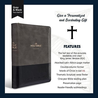 Personalized KJV Deluxe Standard Print King James Version Faux Leather Holy Bible with Thumb Index and Zippered Closure, Custom Name Includes Up to 3 Rows of Text with Red Letter Edition - color: Gray/Black