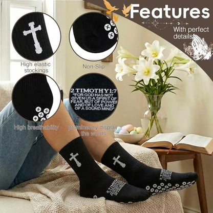 3 Pair Grip Christian Soccer Socks,Easter,Christmas Gift for Men - color: 2 Timothy 1:7 - Black