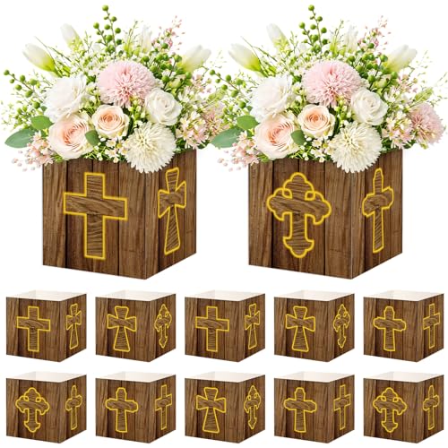Cinrobiye 24 Pcs Christian Cross Centerpieces for Tables, Rustic Religious Centerpiece Boxes for Baptism, First Communion, Church Event, Wedding, Bridal Shower and Party Decorations - color: brown2