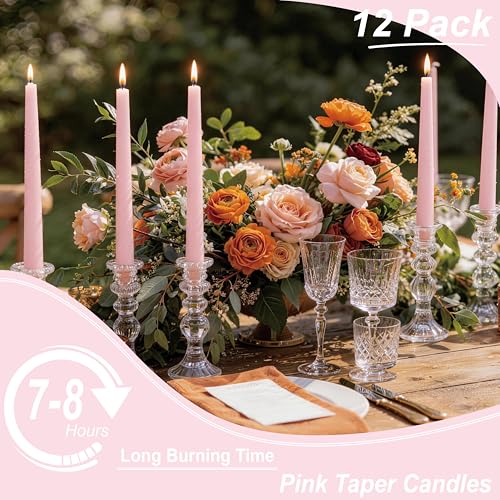 Pink Taper Candles 10-Inch - Pink Candlesticks 12 Pack Dripless Tapered Candle Unscented Tall Smokeless Long Burning Candle Sticks Paraffin Wax for Weddings Valentine’s Day Dinner - color: 12-Pink, size: 12 Pcs