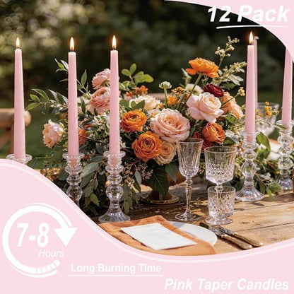 Pink Taper Candles 10-Inch - Pink Candlesticks 12 Pack Dripless Tapered Candle Unscented Tall Smokeless Long Burning Candle Sticks Paraffin Wax for Weddings Valentine’s Day Dinner - color: 12-Pink, size: 12 Pcs