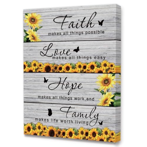 LISTNGBO Family Quotes Sunflower Wall Art for Kitchen Home, Framed Canvas - color: Faith Hope Family Sunflower