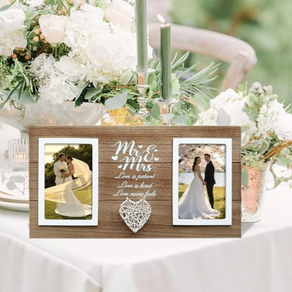 Wedding Gifts for Couples 2026, 15.7x8,3 Inch Mr & Mrs Wedding Frame Double Wooden Wedding Photo Frame Bridal Shower Gift for Bride to Be Personalized Newlywed Gifts for Couple, Engagement Gift for Bride