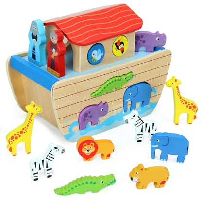 Wooden Noah's Ark Toy Animal Playset for Toddlers,