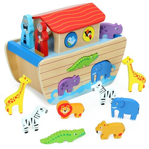Wooden Noah's Ark Toy Animal Playset for Toddlers,