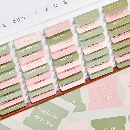Laminated Bible Tabs for Women Men, Green Pink, Gold Foil Lettering, 105pcs - style: Gold Foil WaterLilyPink