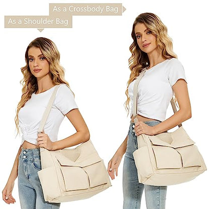KALIDI Canvas Tote Bag Zipper Large Crossbody Shoulder Bag Messenger Bag - color: Upgraded Beige