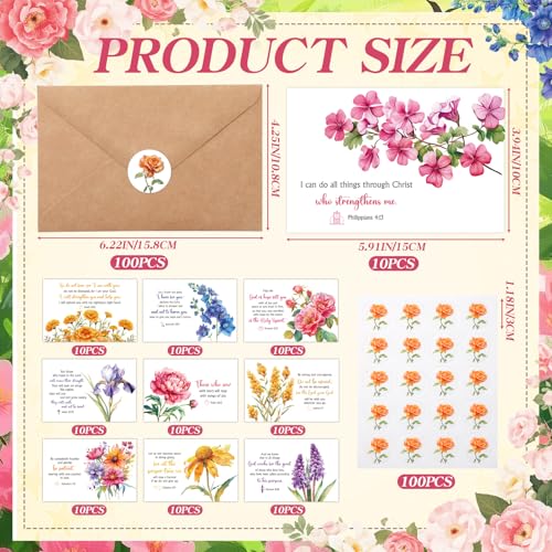100 Sets Bible Verse Cards, with Envelopes Stickers, Floral - style: Floral
