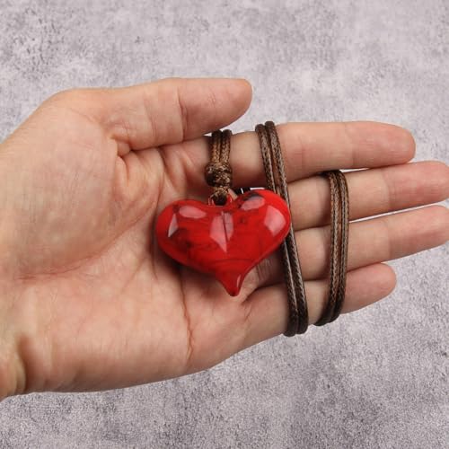 Leather Necklace for Women Long Boho Pendant Hippie Choker Necklace Bohemian Layered Leather Rope Wooden Jewelry Gifts - style: Red Heart Necklace